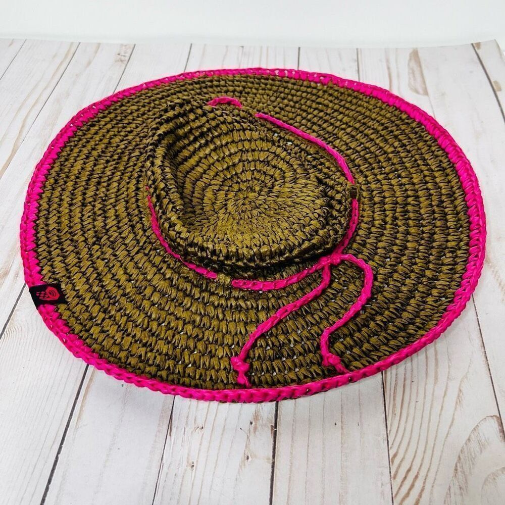 Mountain Hard Wear Brown Straw Paper Sun Hat Pink Rim Tie